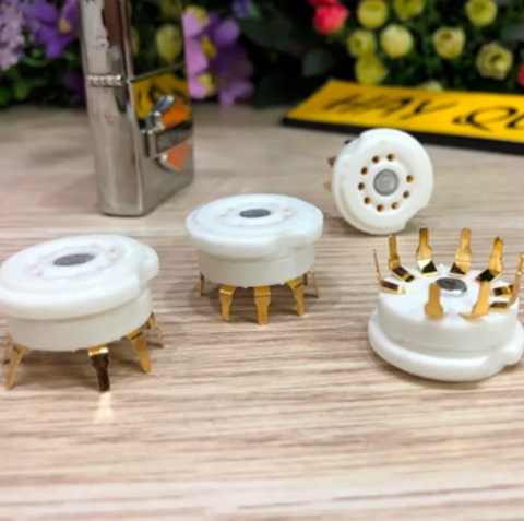  T9-08D​ Chân đèn đế sứ - Ceramic 9 Pin Gold Plated Tube Socket​ 