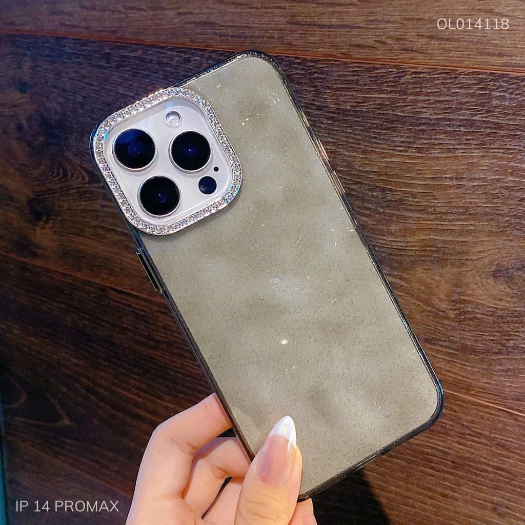 Ốp IP 14 Pro Max lưng cứng nhủ kim tuyến camera đính đá