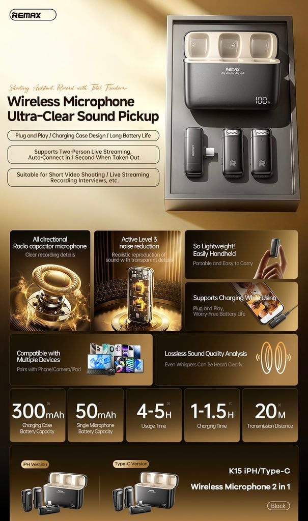 Micro cài áo Remax K15 2 Mic cổng Type C