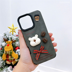 Ốp IP 14 Pro giả da lộn đính Gấu coffee