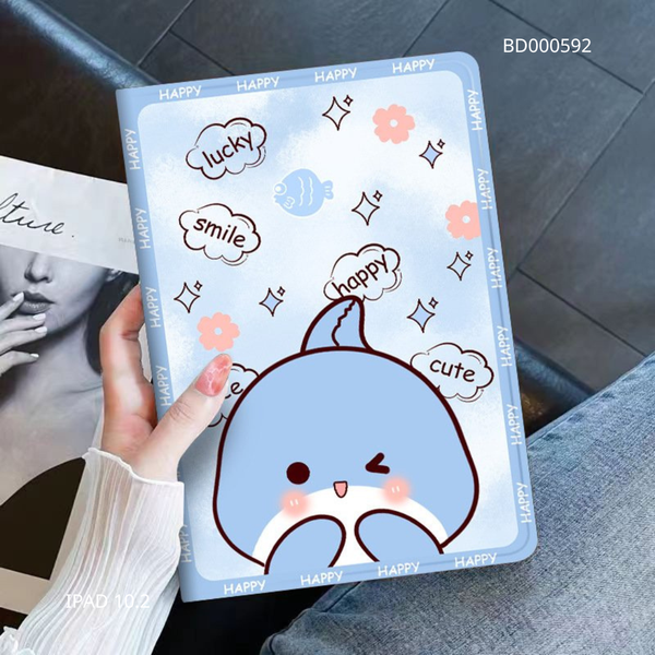 Bao da Ipad 10.2 inch in mặt cá heo xanh happy cute