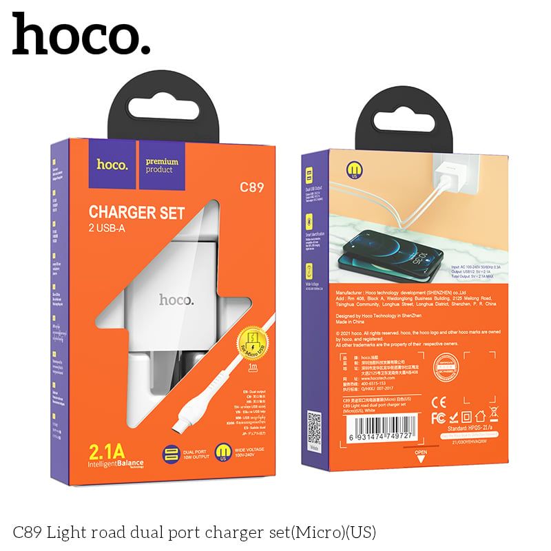 Bộ sạc Micro Hoco C89 2 cổng USB