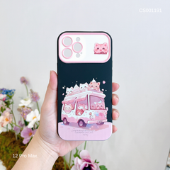 Ốp IP 12 Pro Max hình Mèo lái xe nền đen viền hồng