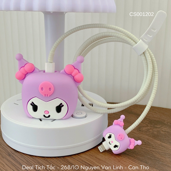 ** Combo bảo vệ cóc, cáp sạc và dây quấn Silicon Kuromi tím