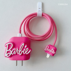 ** Combo bảo vệ cóc, cáp sạc và dây quấn Silicon Barbie hồng