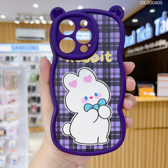 ** Ốp IP 14 Pro da sần caro tím tai Gấu Rabbit