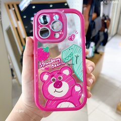 ** Ốp IP 14 Pro trong cứng Strawberry Bear nút trắng