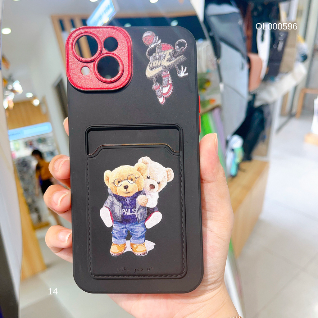 Ốp IP 14 Plus nhựa cứng gấu Teddy ví card