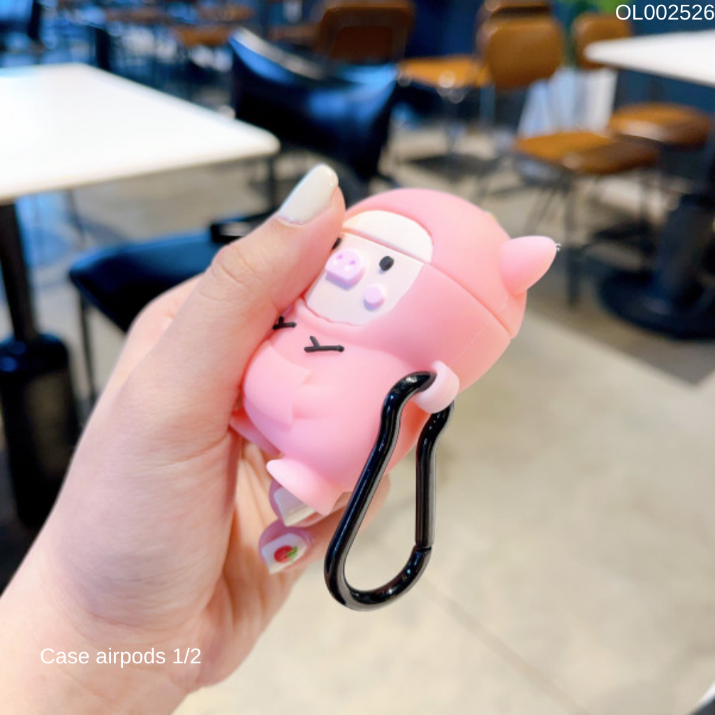 ** Case Airpods 1/2 dẻo Heo hồng tay cây