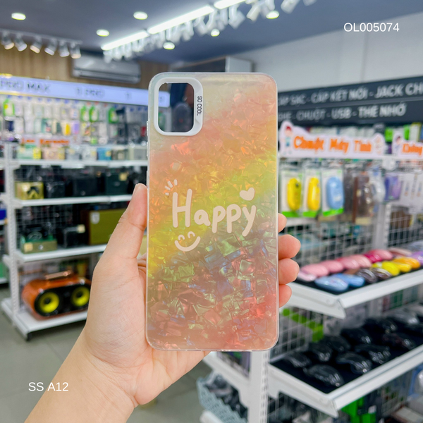 Ốp SS A12 vân đá thạch anh in Happy nền vàng