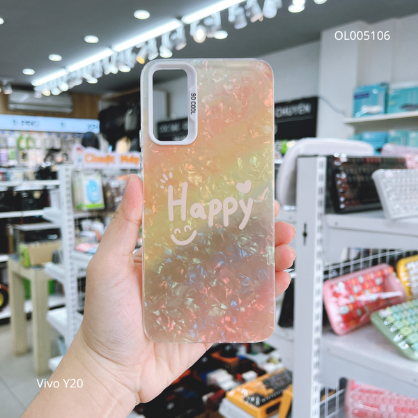 Ốp Vivo Y20 vân đá thạch anh in Happy nền vàng