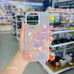 Ốp IP 12 Pro Max vân đá thạch anh in Happy sao/tim trắng