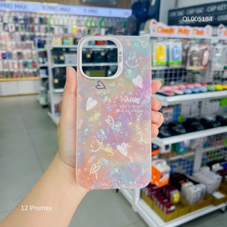 Ốp IP 12 Pro Max vân đá thạch anh in Happy nền vàng