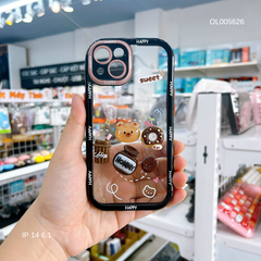 Ốp IP 15 Pro lưng cứng đính Gấu/Donut viền màu