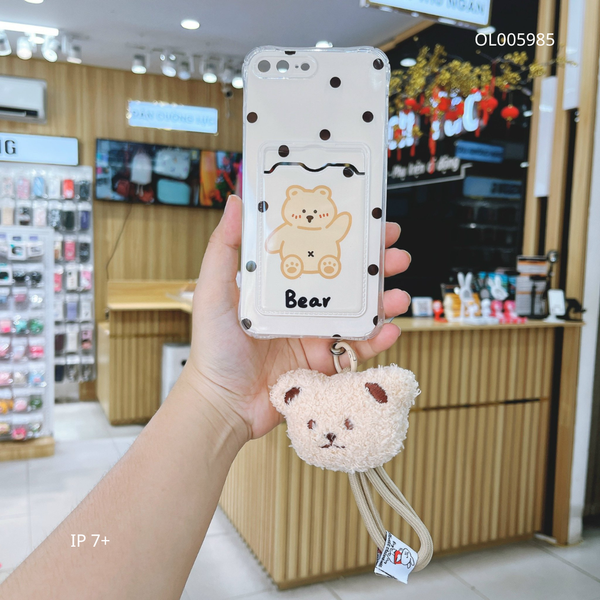 ** Ốp IP 7+ dẻo in Bear chấm bi ví card kèm dây