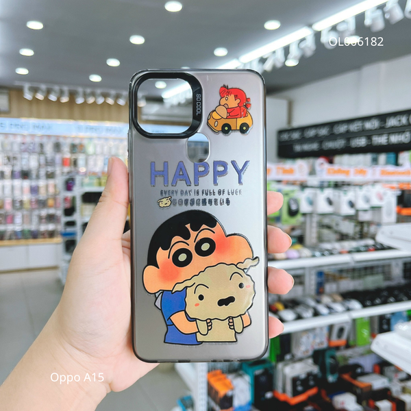 Ốp Oppo A15 nhám bạc in hình Shin ôm gấu Happy