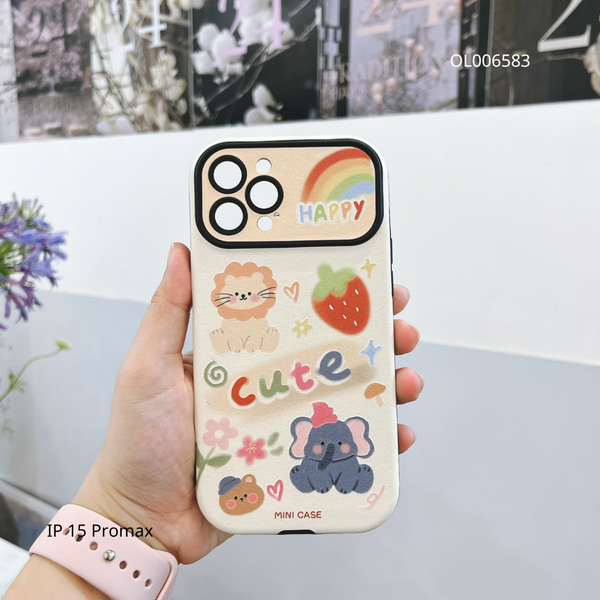 ** Ốp IP 15 Pro Max Vân da sần in Sư tử và Voi Cute