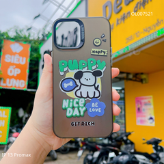 Ốp IP 13 Pro Max nhám bạc Puppy Nice day nút bạc