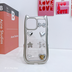 Ốp IP 11 Pro Max dẻo trong đính nơ tim vàng tai mèo