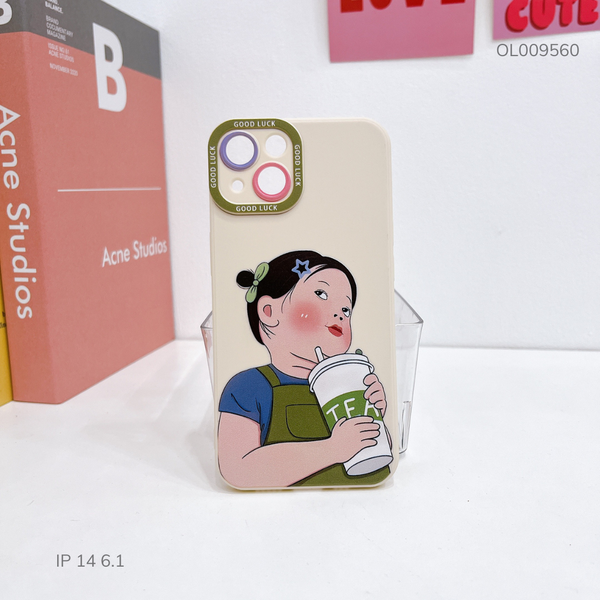 Ốp IP 14 6.1 dẻo cô gái yếm xanh ly Tea