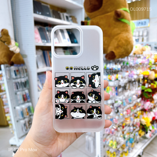 Ốp IP 12 Pro Max dẻo 9 icon mèo đen Hello viền nhám
