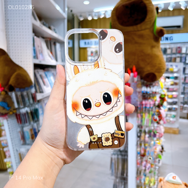 Ốp IP 14 Pro Max vân sóng ánh bạc Labubu vàng