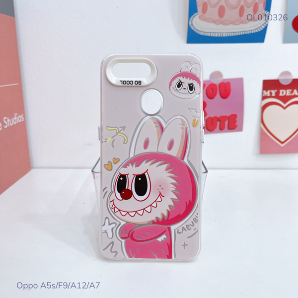 Ốp Oppo A5s/F9/A12/A7 lưng cứng Labubu hồng nút bạc