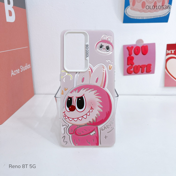 Ốp Reno 8T 5G lưng cứng Labubu hồng nút bạc