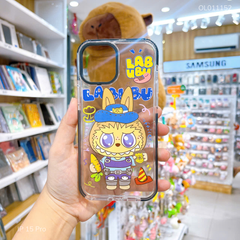 Ốp IP 15 Pro dẻo trong Labubu nón xanh dương phối viền