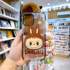 Ốp IP 15 Pro dẻo trong mặt Labubu nâu phối viền