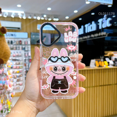 ** Ốp iPhone 16 Plus dẻo trong Labubu hồng đeo kính phối viền
