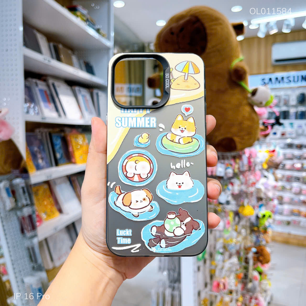 Ốp IP 16 Pro nhám bạc Cún Happy Summer