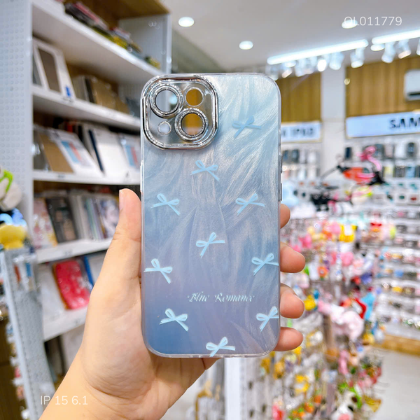 Ốp IP 15 6.1 vân sóng bạc nhiều nơ xanh nhũ camera