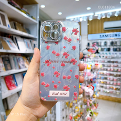Ốp IP 14 PLus vân sóng bạc nhiều hoa đỏ nhũ camera