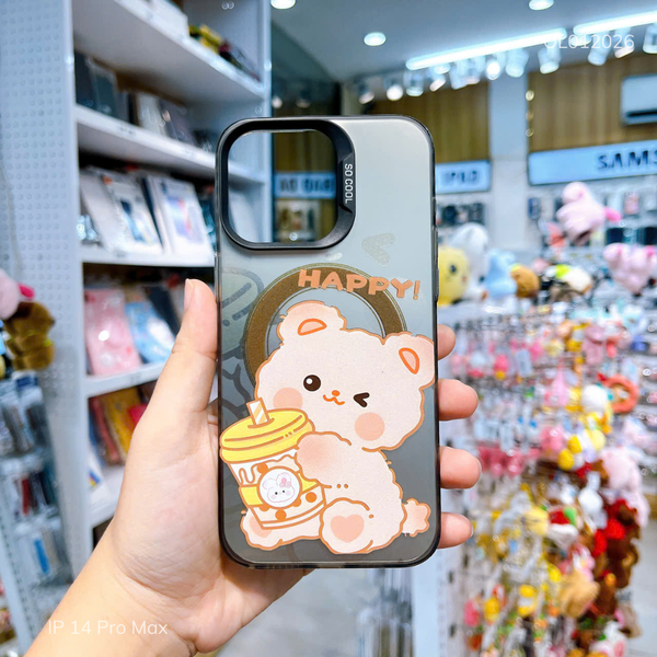 Ốp IP 14 Pro Max nhám bạc Gấu Happy