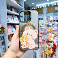 Ốp IP 14 Pro Max nhám bạc Gấu Happy