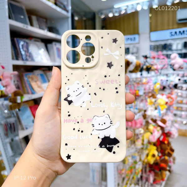 Ốp IP 12 Pro dẻo vân gồ ghề Lovely Kitty nền kem