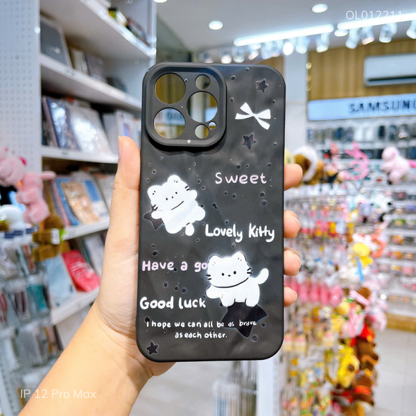 Ốp IP 12 Pro Max dẻo vân gồ ghề Lovely Kitty nền đen