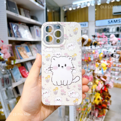Ốp IP 15 Pro Max dẻo mèo trắng và hoa viền trong