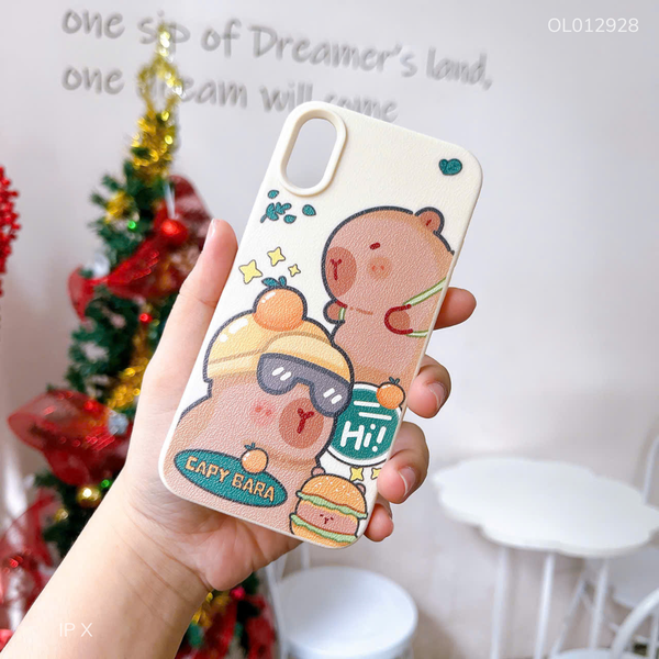Ốp IP X giả da dẻo Capybara đội cam
