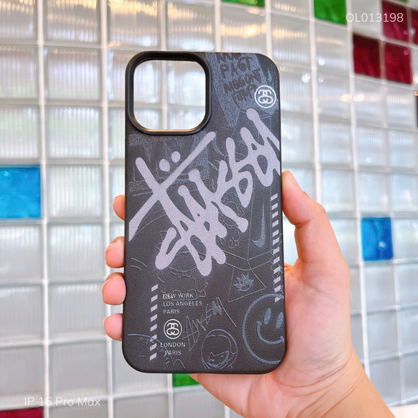 Ốp IP 16 Pro Max giả da dẻo ký hiệu Stussy nền đen