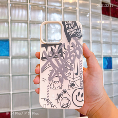 Ốp IP 14 Plus/15 Plus giả da dẻo ký hiệu Stussy nền kem