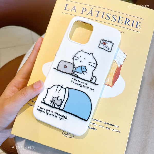** Ốp IP 13/14 6.1 dẻo trắng mèo Work and sleep