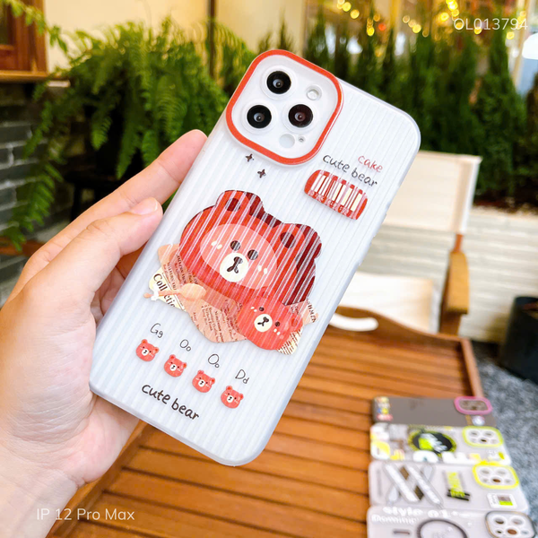 Ốp IP 12 Pro Max vân vali nhám Cute Bear