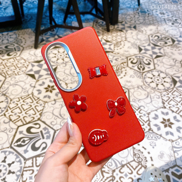 ** Ốp Oppo A60 dẻo vân giả da đính 4 sticker đỏ