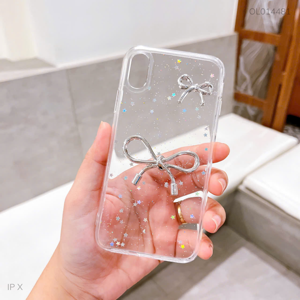Ốp iPhone X lưng trong nhũ kim tuyến nơ bạc