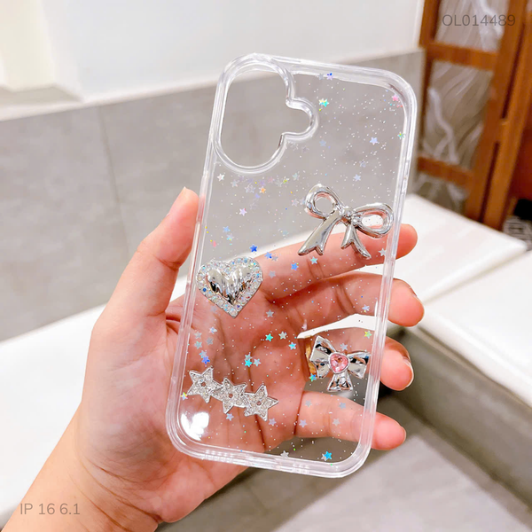 Ốp IP 16 6.1 lưng trong nhũ kim tuyến nơ bạc