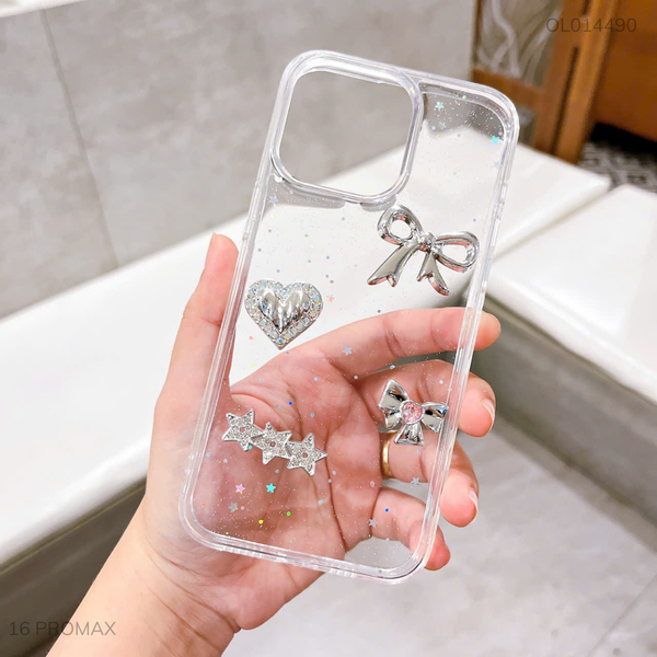 Ốp IP 16 Pro Max lưng trong nhũ kim tuyến nơ bạc