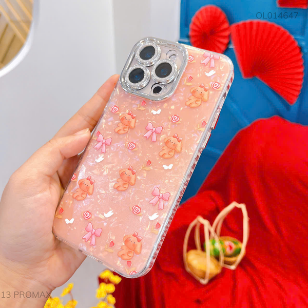 Ốp IP 13 Pro Max lưng thạch anh cún và nơ hồng