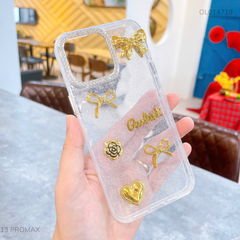 Ốp IP 13 Pro Max nhũ Good Luck nơ vàng